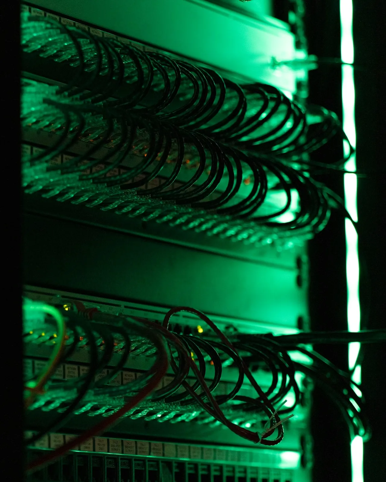 Patch cabling in server racks under green light